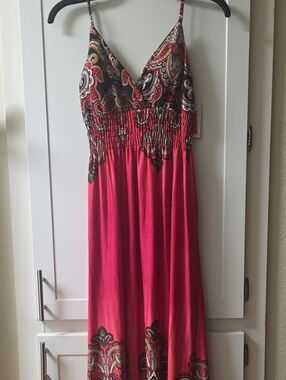 Bobbie Brooks Red/Pink Paisley-Trim Maxi Dress Size L